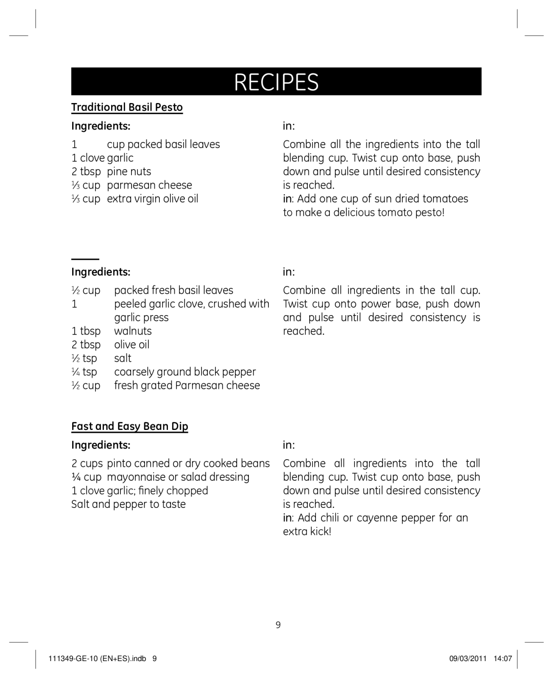 GE 898679 manual Traditional Basil Pesto Ingredients Preparation, Fast and Easy Bean Dip Ingredients 