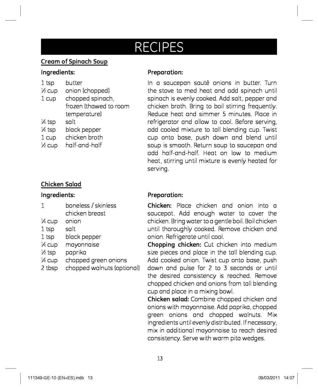 GE 898679 manual Cream of Spinach Soup, Chicken Salad, recipes, Ingredients, Preparation 