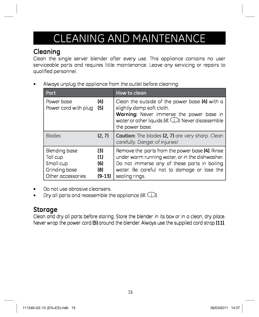GE 898679 manual Cleaning and maintenance, Storage, Part, How to clean, 9-13 