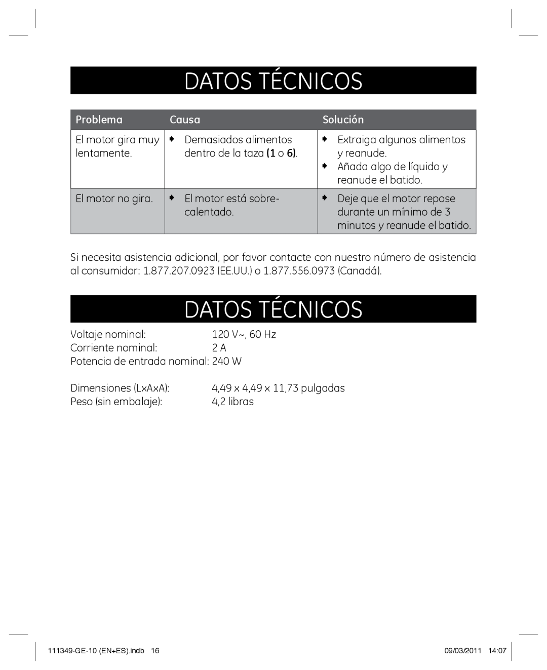 GE 898679 manual Datos Técnicos, Problema, Causa, Solución 