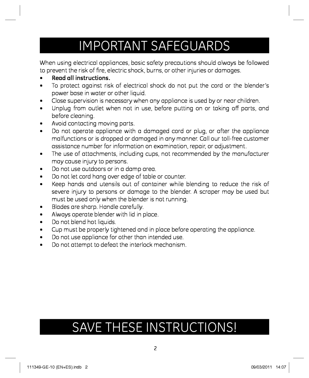 GE 898679 manual Important Safeguards, Save these instructions, Read all instructions 