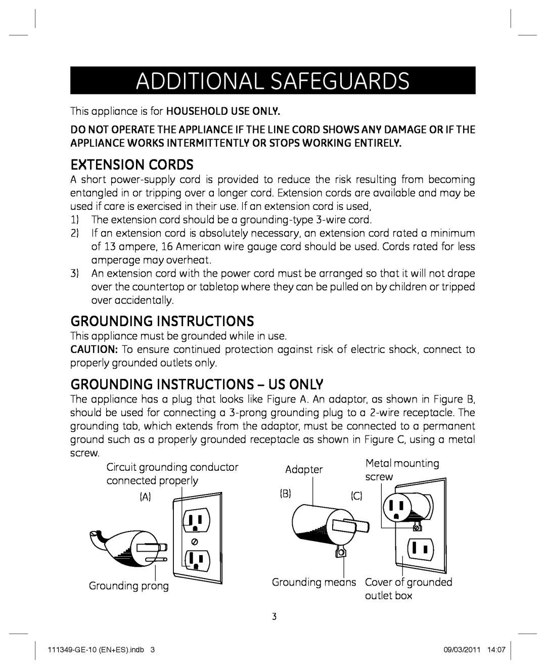 GE 898679 manual Additional SafeguARDS, EXTENSION CORdS, GROUNding INSTRUCTIONS - US ONlY 