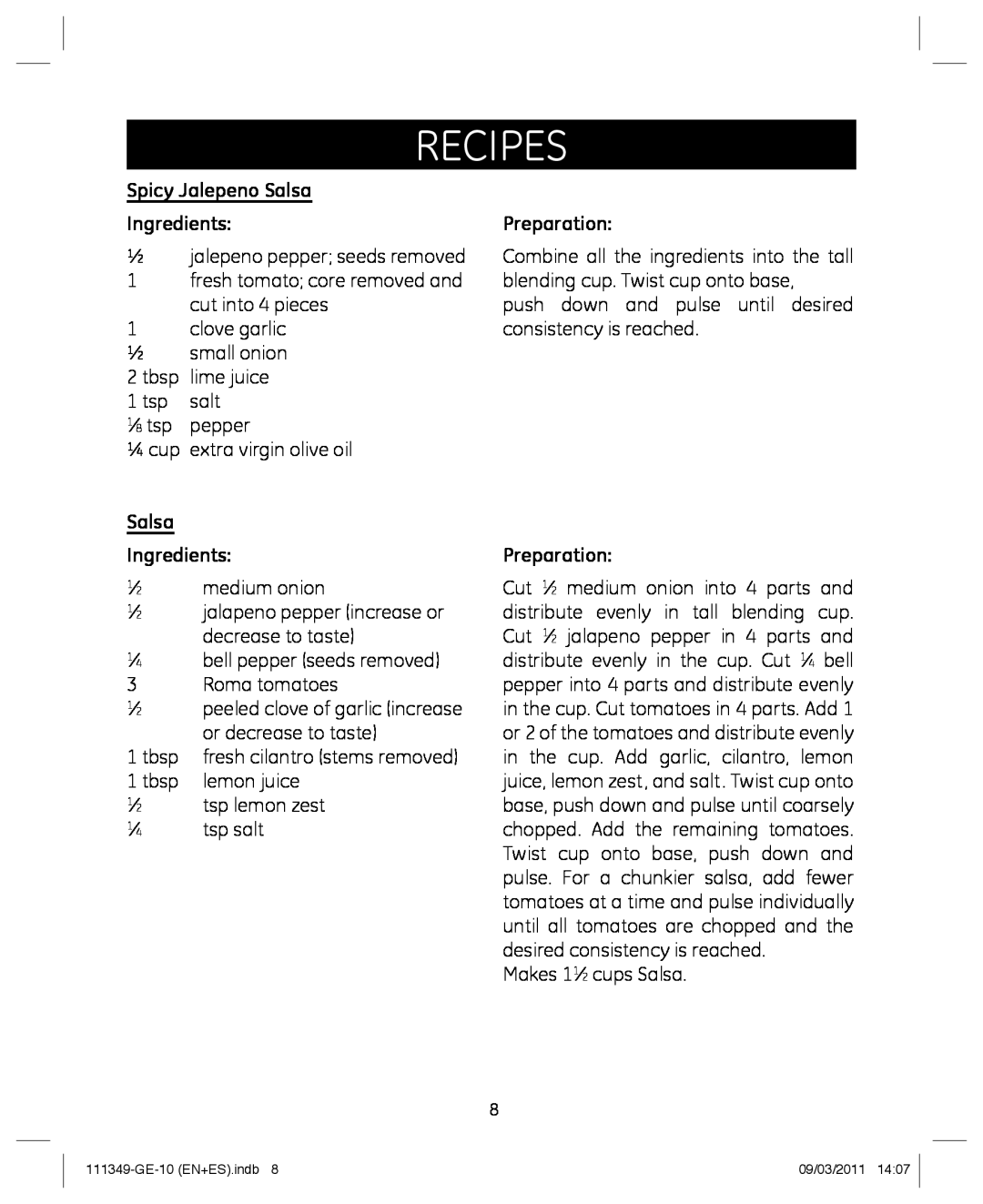 GE 898679 manual recipes, Spicy Jalepeno Salsa Ingredients, Preparation 