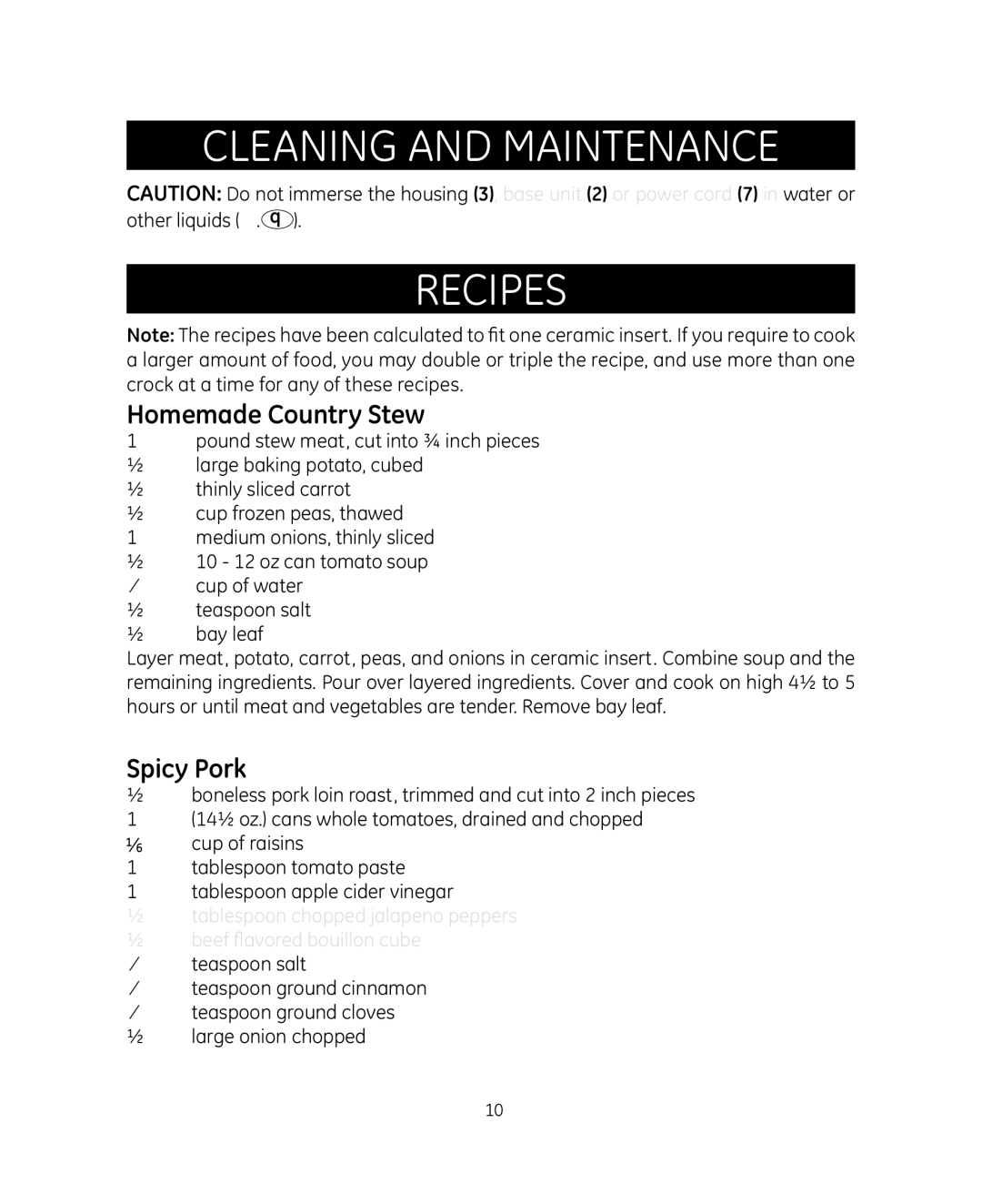 GE 898680 manual Cleaning and Maintenance Recipes, Homemade Country Stew, Spicy Pork 