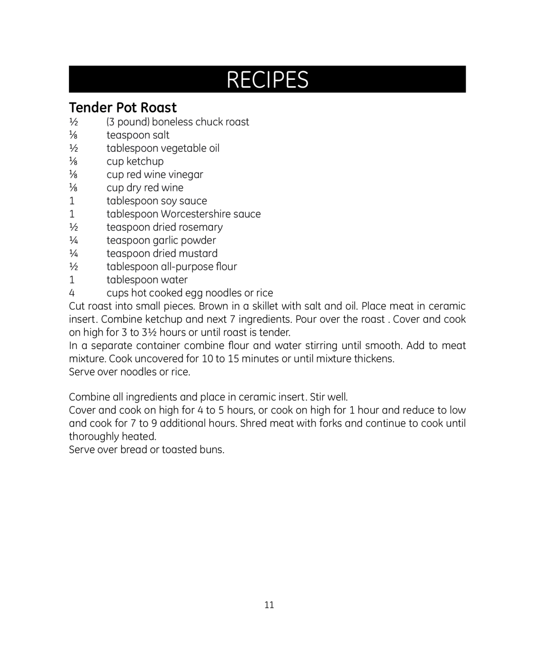 GE 898680 manual Tender Pot Roast, Recipes 