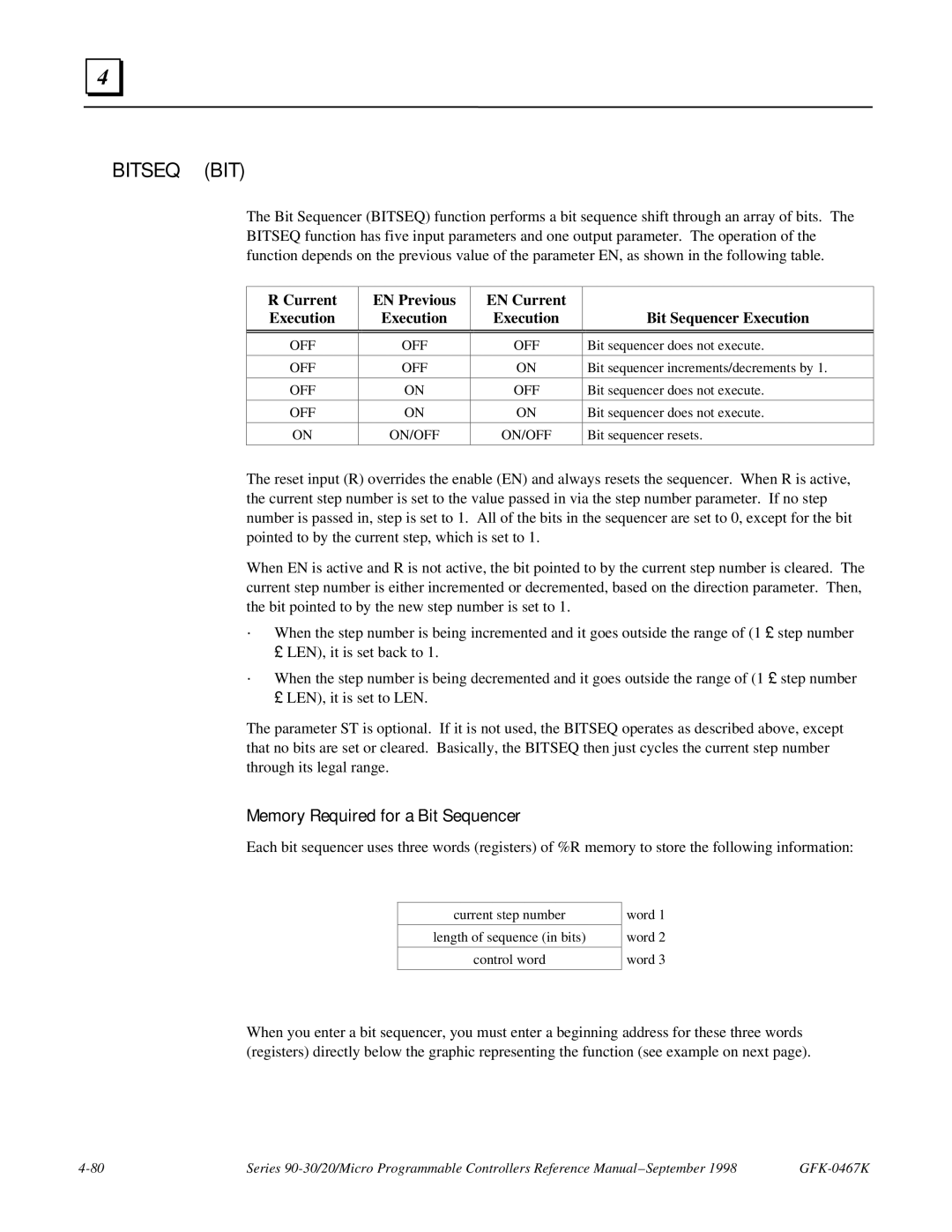 GE 90-30/20/Micro manual Bitseq BIT, Memory Required for a Bit Sequencer 