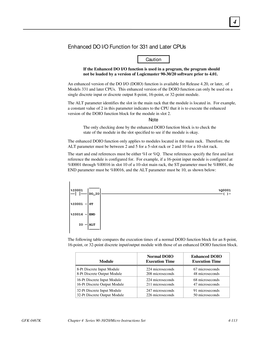 GE 90-30/20/Micro manual Enhanced do I/O Function for 331 and Later CPUs, Normal Doio Enhanced Doio Module Execution Time 