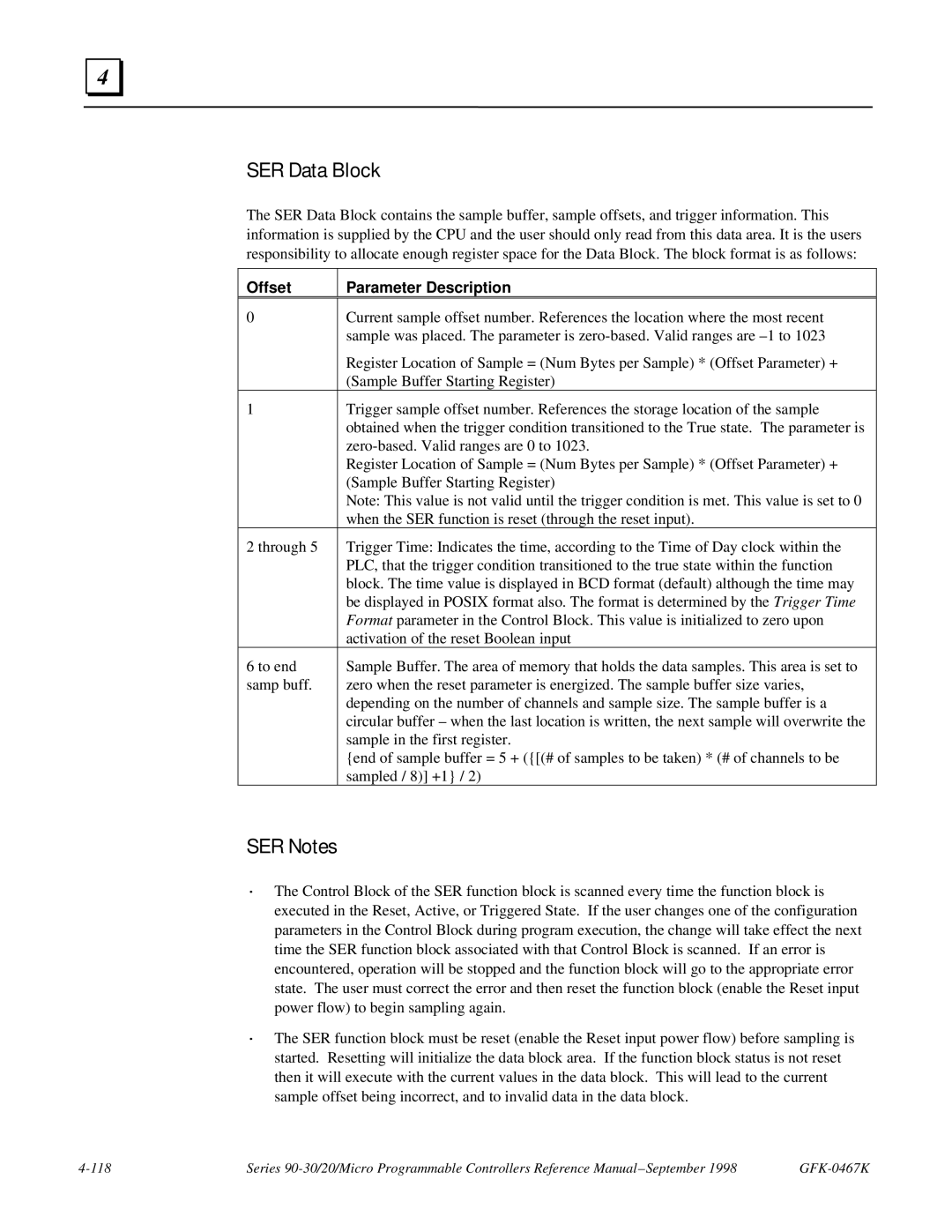 GE 90-30/20/Micro manual SER Data Block, SER Notes, Offset Parameter Description 