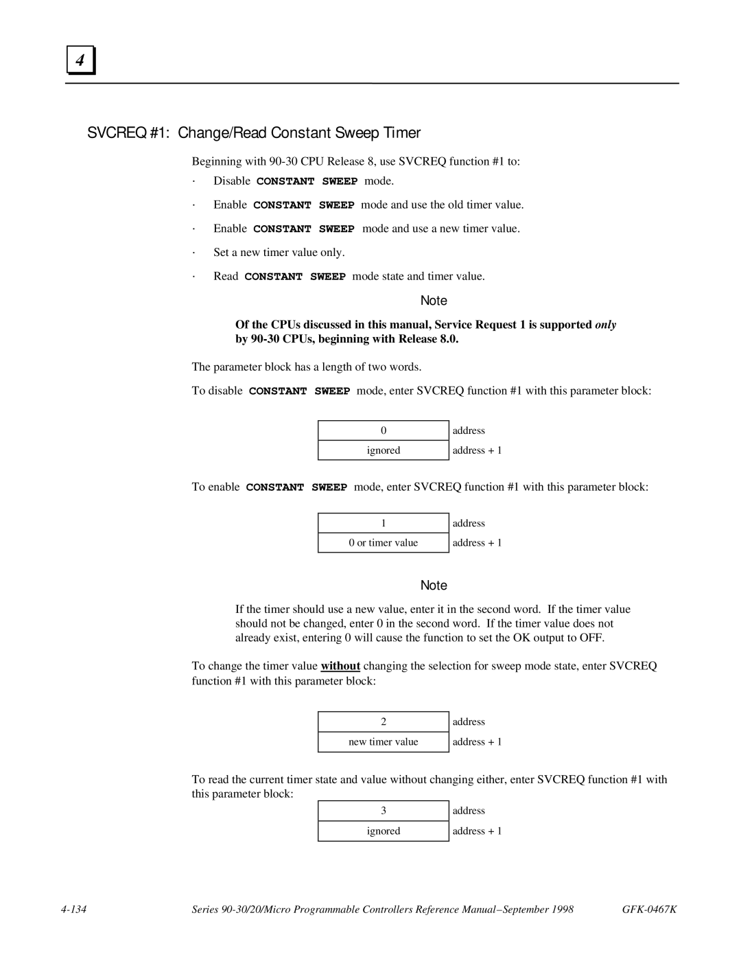 GE 90-30/20/Micro manual Svcreq #1 Change/Read Constant Sweep Timer, ∙ Disable Constant Sweep mode 