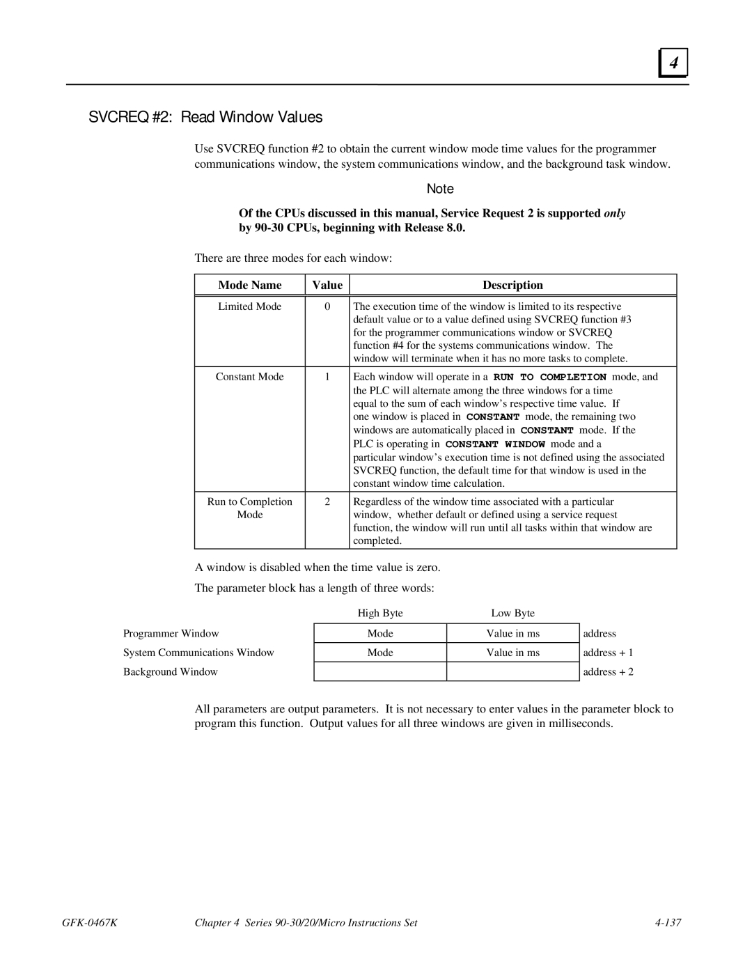 GE 90-30/20/Micro manual Svcreq #2 Read Window Values, Mode Name Value Description 