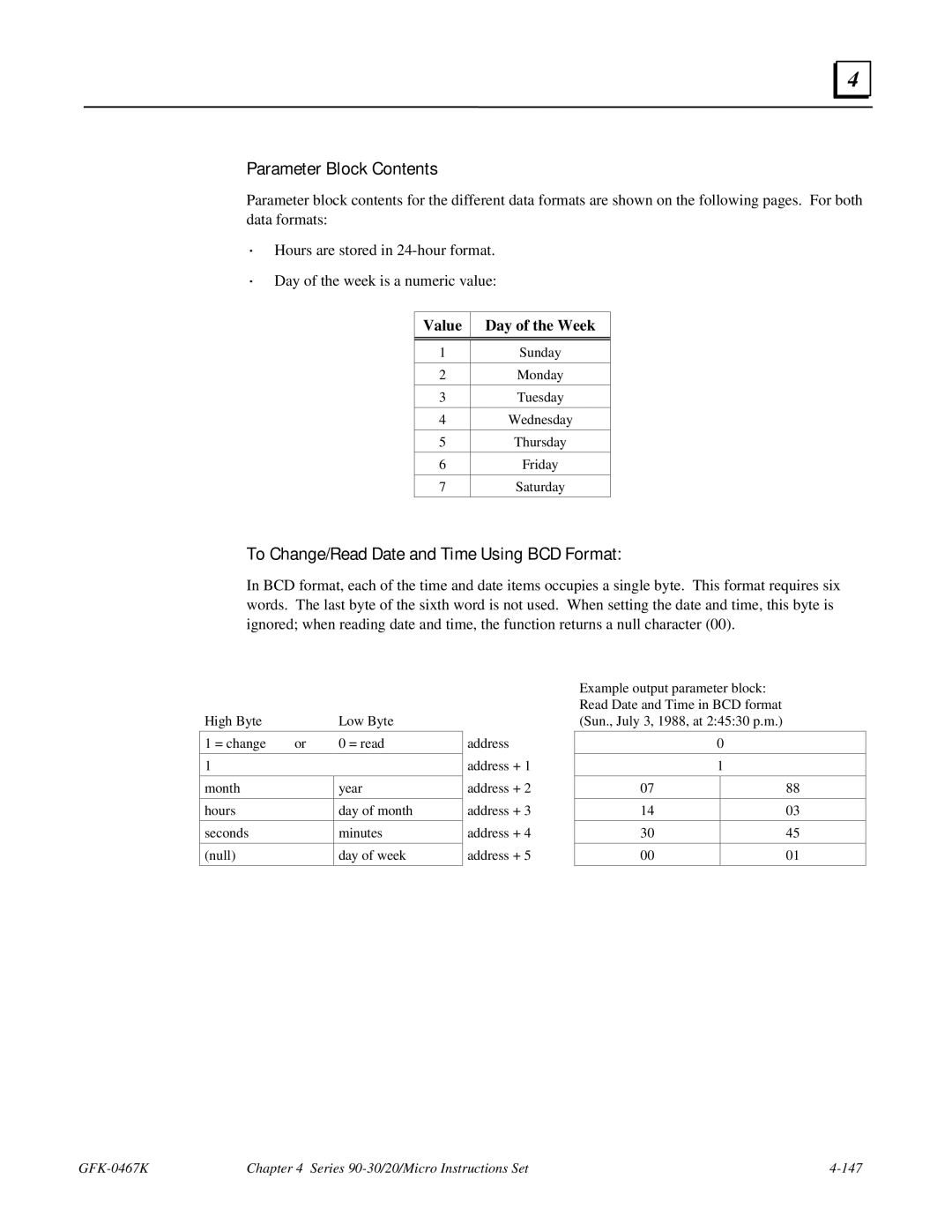 GE 90-30/20/Micro manual Parameter Block Contents, To Change/Read Date and Time Using BCD Format 