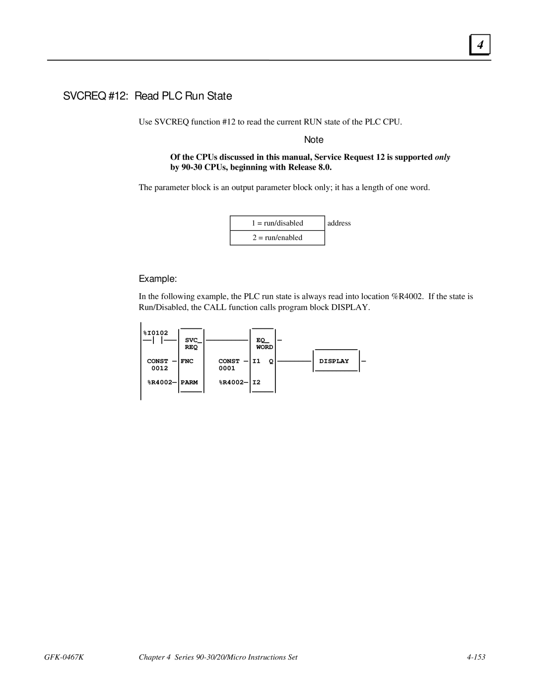 GE 90-30/20/Micro manual Svcreq #12 Read PLC Run State 