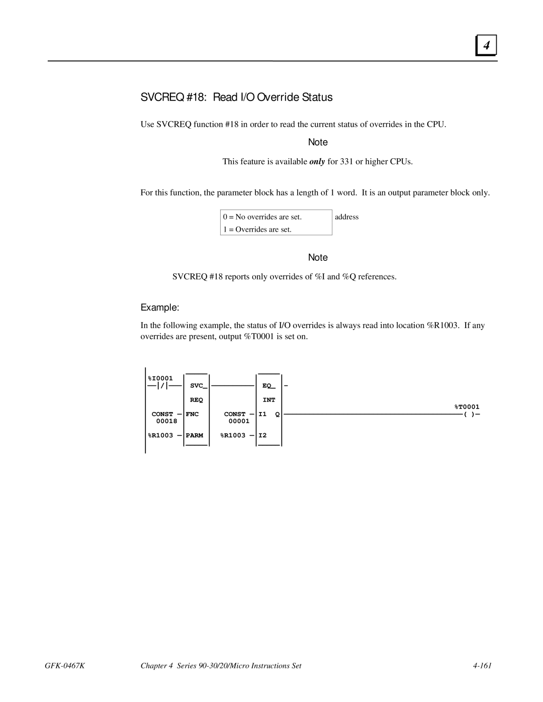 GE 90-30/20/Micro manual Svcreq #18 Read I/O Override Status 