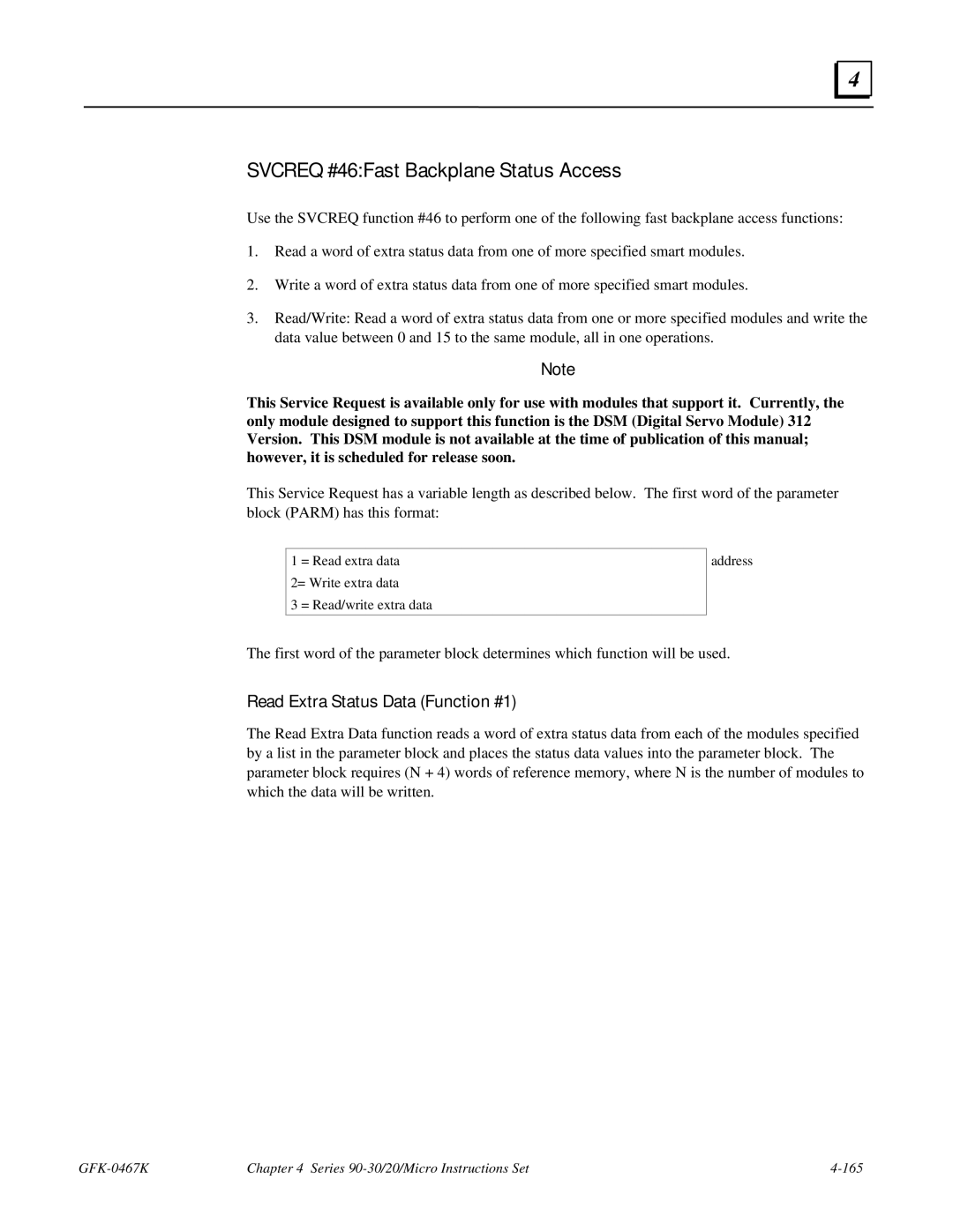 GE 90-30/20/Micro manual Svcreq #46Fast Backplane Status Access, Read Extra Status Data Function #1 