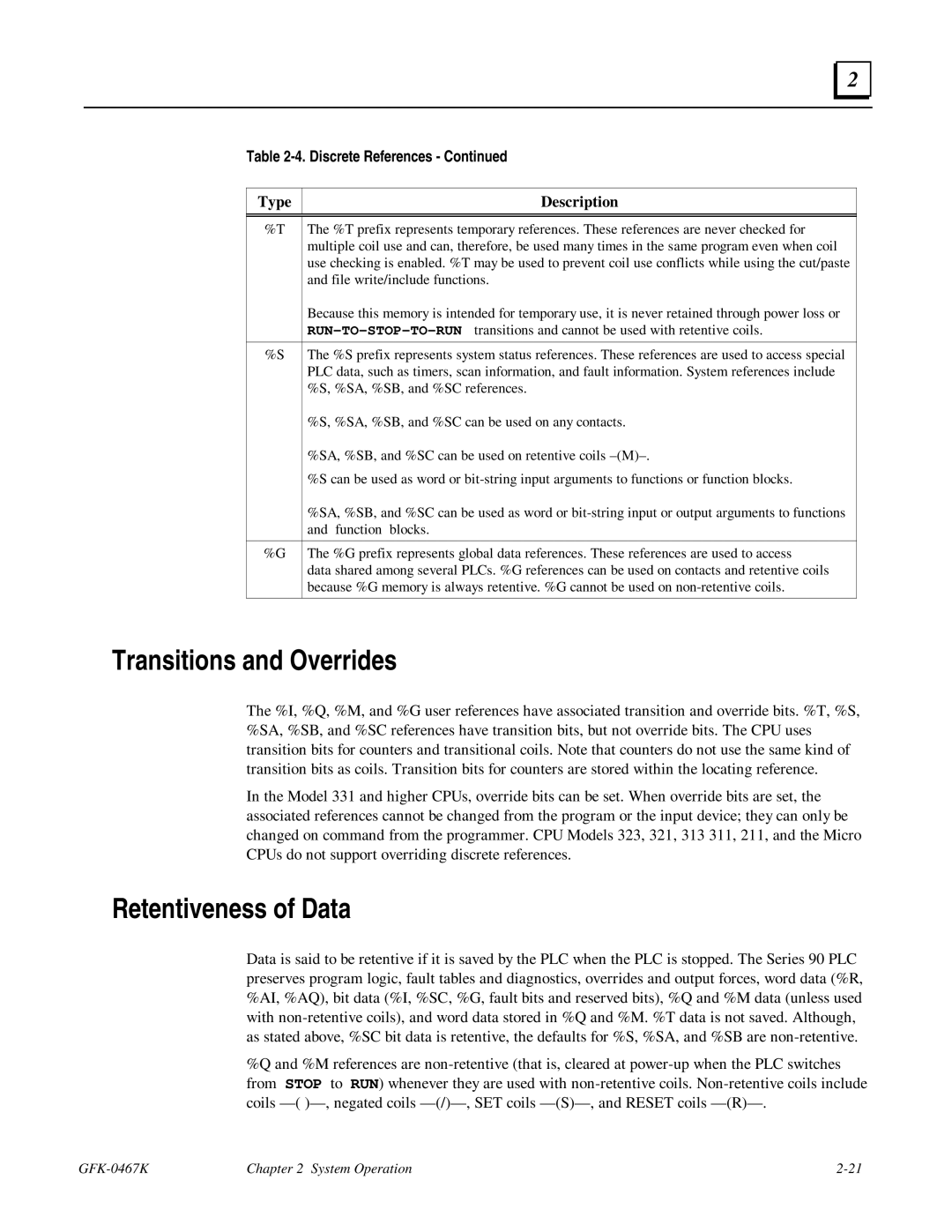 GE 90-30/20/Micro manual Transitions and Overrides, Retentiveness of Data 