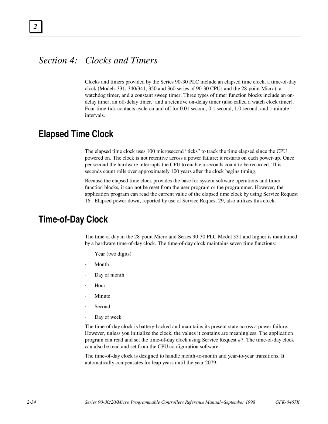 GE 90-30/20/Micro manual Clocks and Timers, Elapsed Time Clock, Time-of-Day Clock 