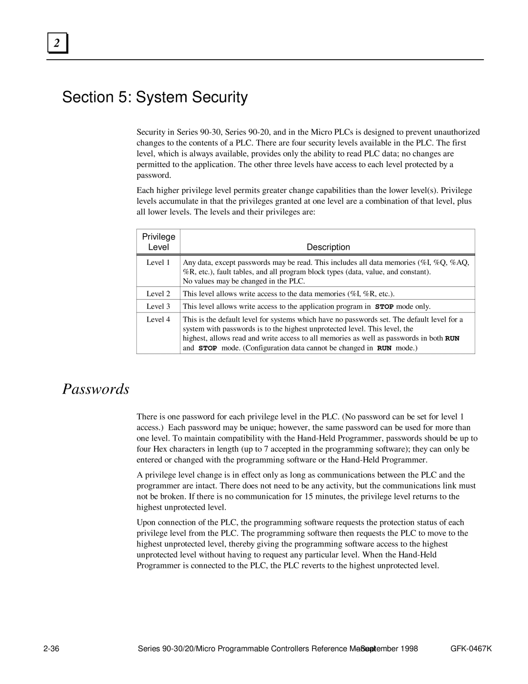 GE 90-30/20/Micro manual System Security, Passwords, Privilege Level Description 