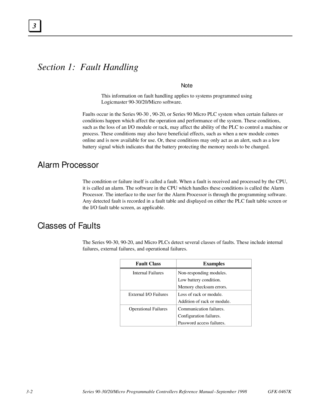 GE 90-30/20/Micro manual Fault Handling, Fault Class Examples 