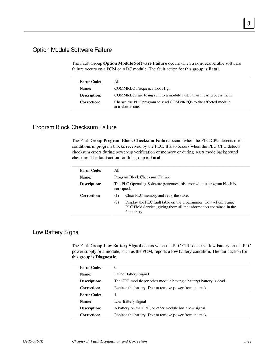 GE 90-30/20/Micro manual Option Module Software Failure, Program Block Checksum Failure, Low Battery Signal 