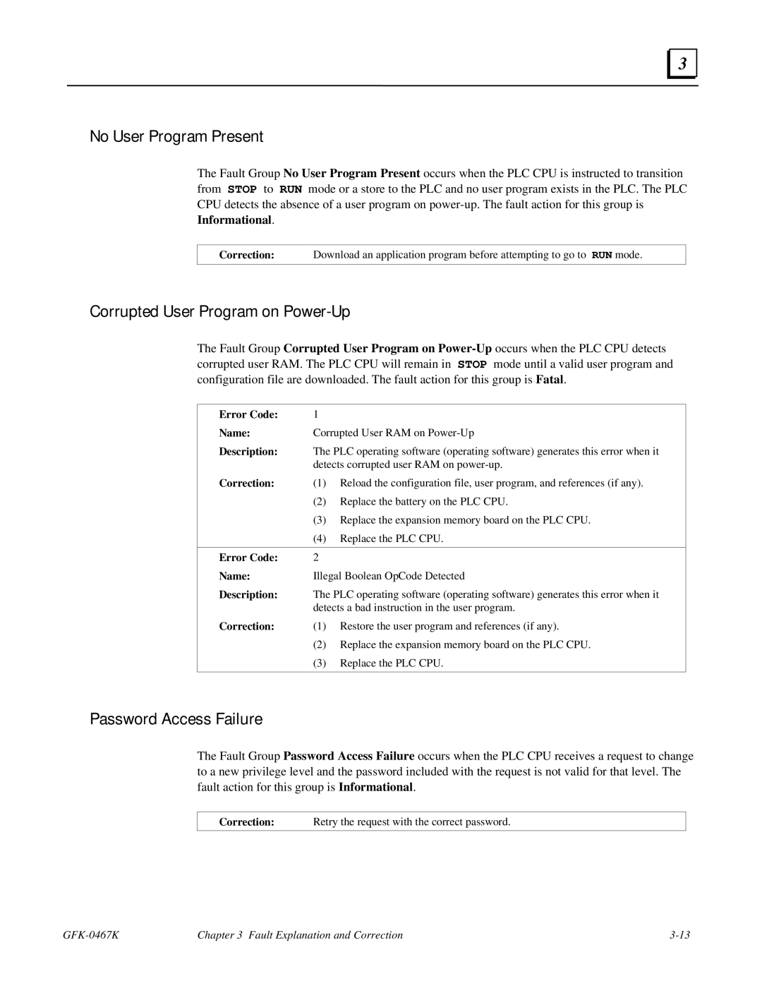 GE 90-30/20/Micro No User Program Present, Corrupted User Program on Power-Up, Password Access Failure, Informational 