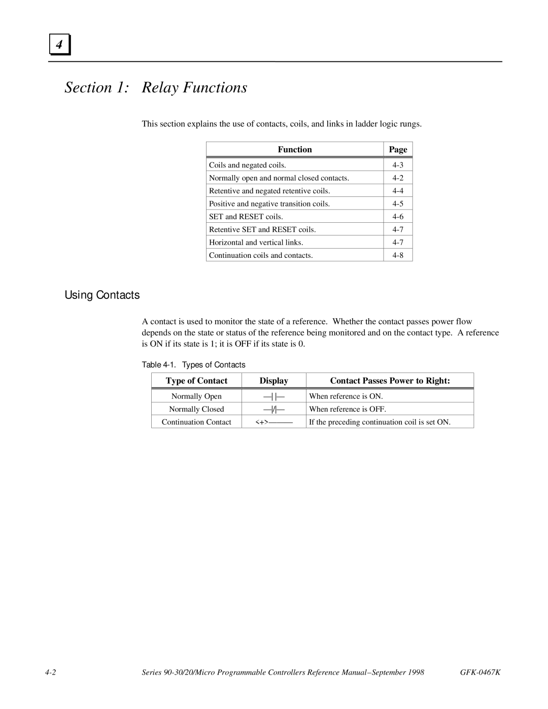 GE 90-30/20/Micro manual Relay Functions, Using Contacts, Types of Contacts 