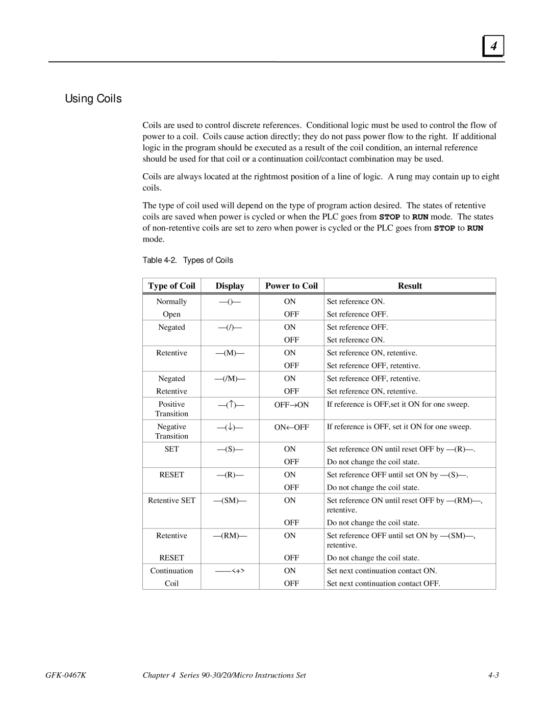 GE 90-30/20/Micro manual Using Coils, Types of Coils, Type of Coil Display Power to Coil Result 