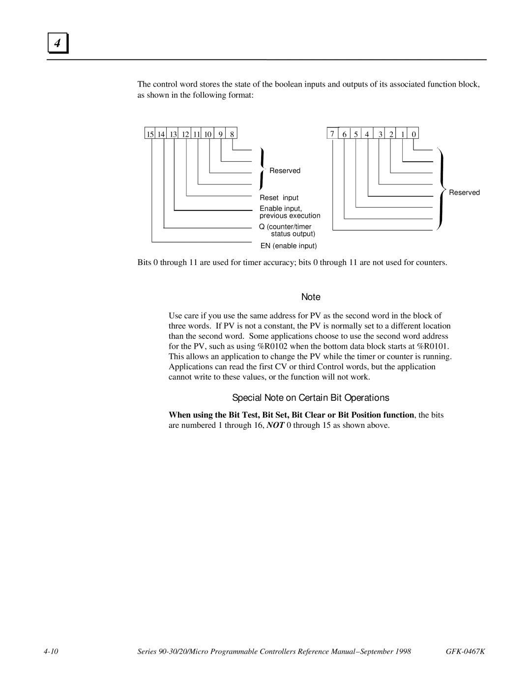 GE 90-30/20/Micro manual Special Note on Certain Bit Operations, 15 14 13 12 11 10 9 5 4 3 2 1 