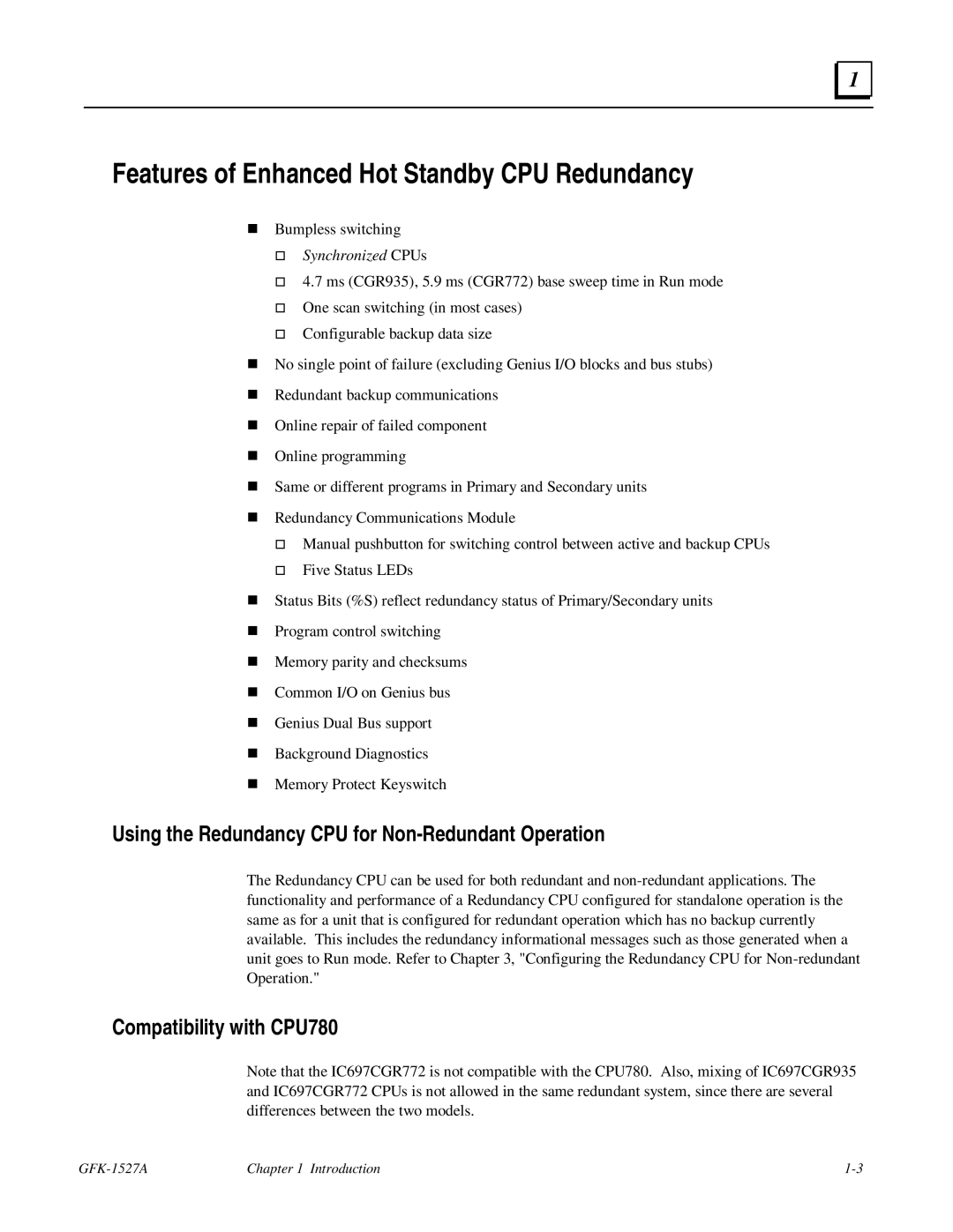 GE 90-70 manual Using the Redundancy CPU for Non-Redundant Operation, Compatibility with CPU780 