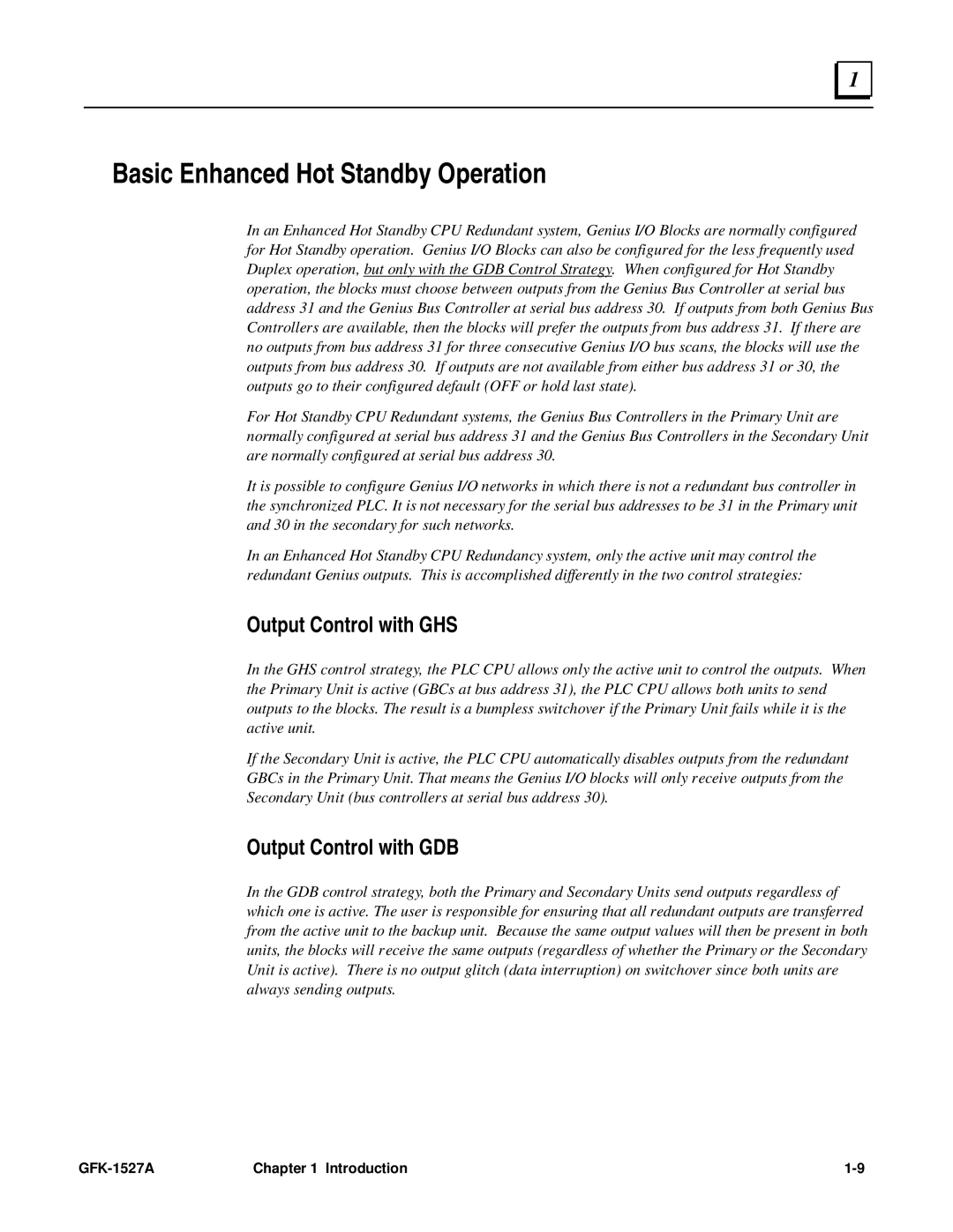 GE 90-70 manual Basic Enhanced Hot Standby Operation, Output Control with GHS, Output Control with GDB 