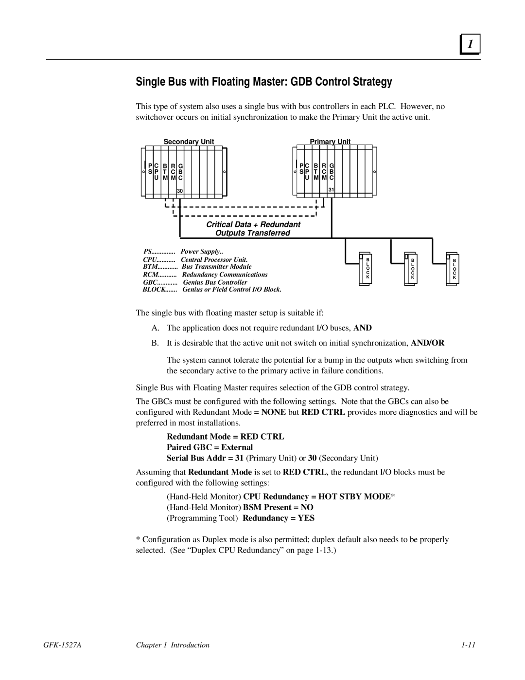 GE 90-70 manual Single Bus with Floating Master GDB Control Strategy, Critical Data + Redundant Outputs Transferred 