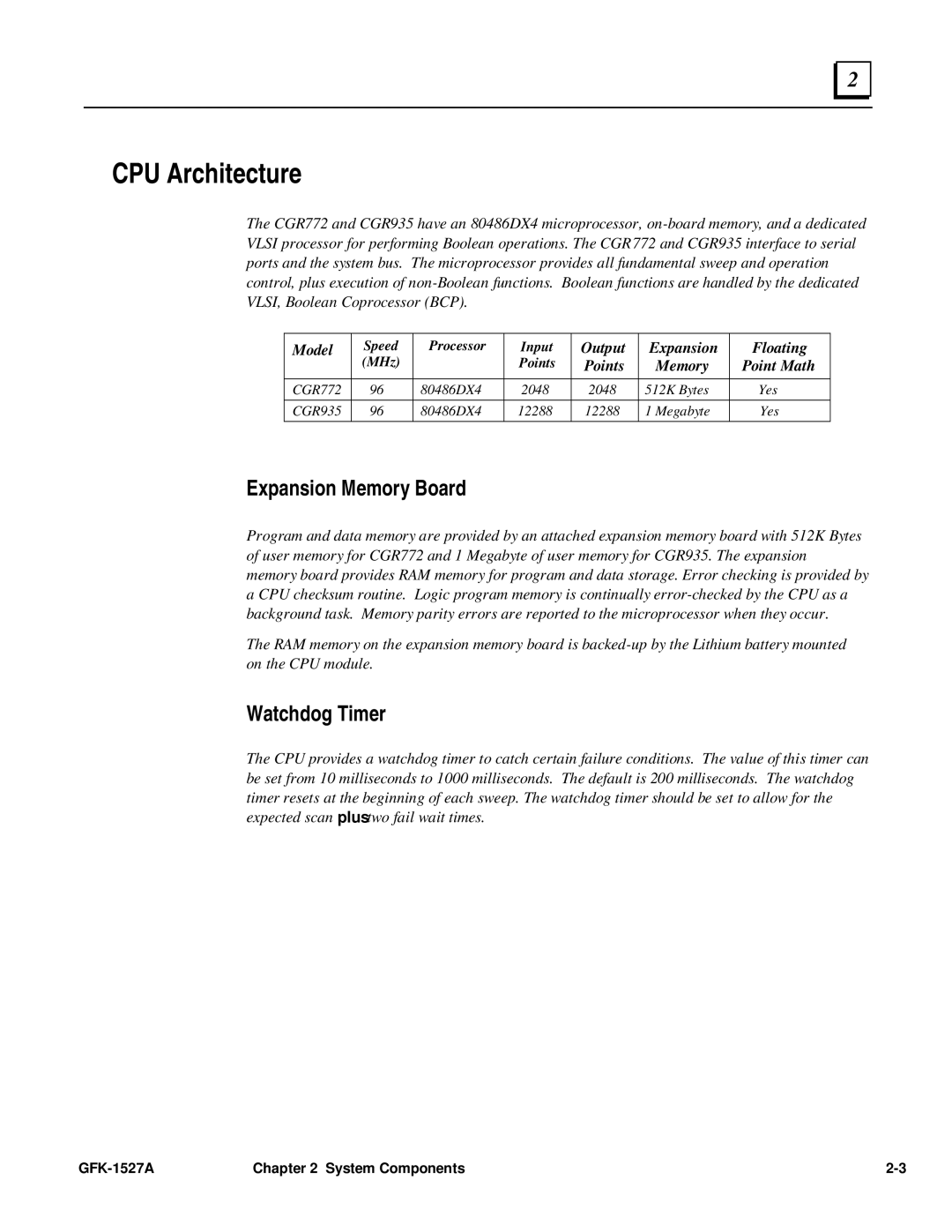 GE 90-70 manual CPU Architecture, Expansion Memory Board, Watchdog Timer 