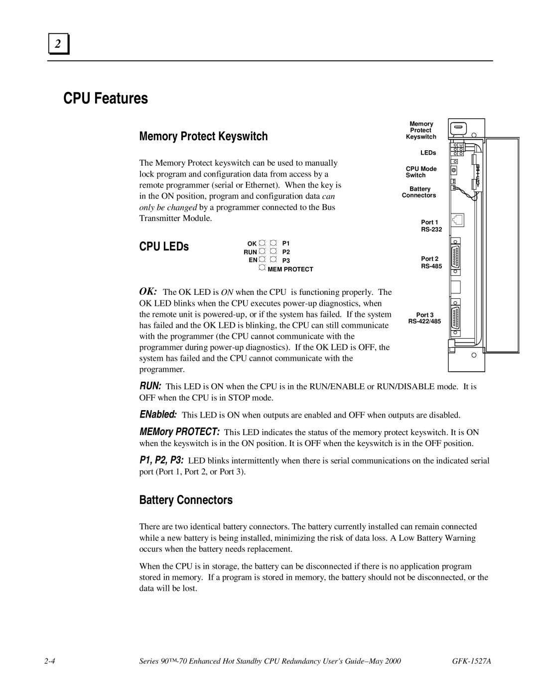 GE 90-70 manual CPU Features, Memory Protect Keyswitch, CPU LEDs, Battery Connectors 