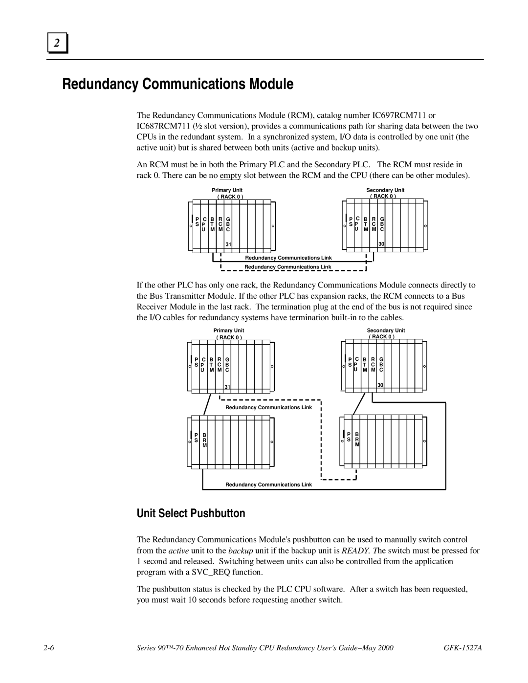 GE 90-70 manual Redundancy Communications Module, Unit Select Pushbutton 