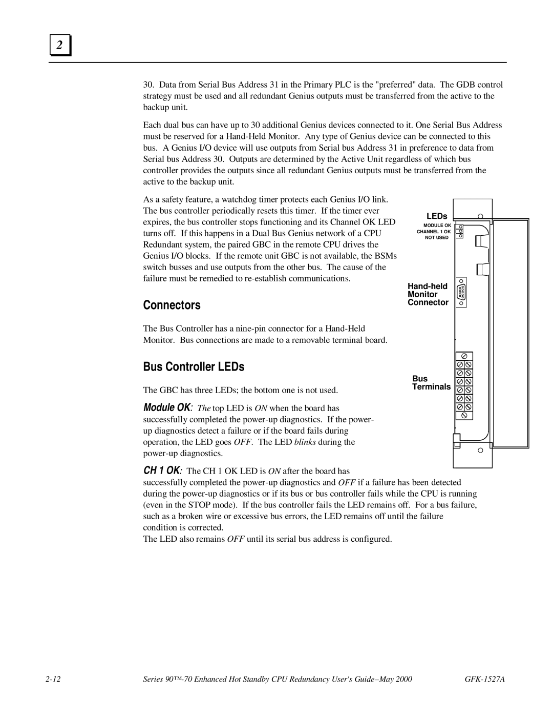 GE 90-70 manual Connectors, Bus Controller LEDs 