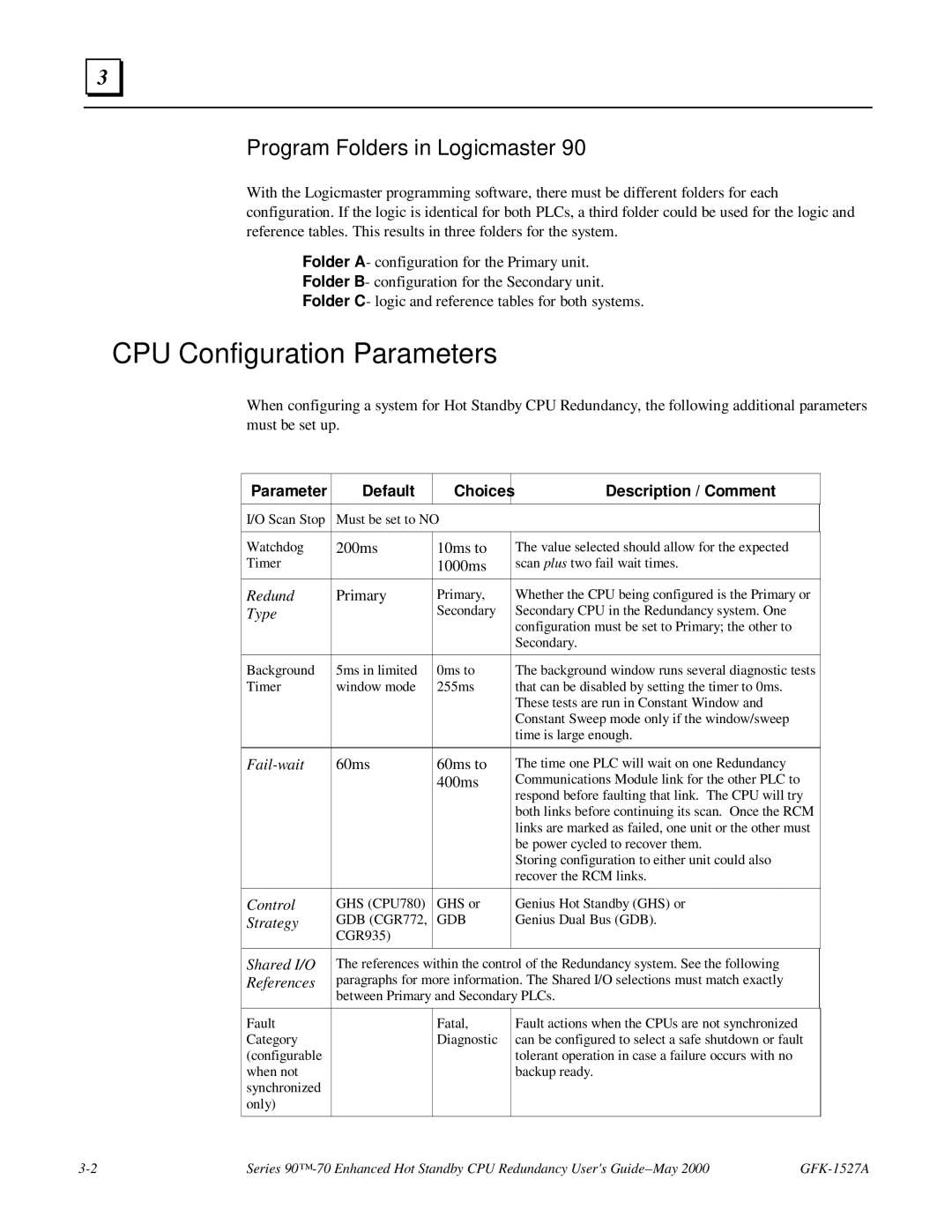 GE 90-70 manual CPU Configuration Parameters, Program Folders in Logicmaster 