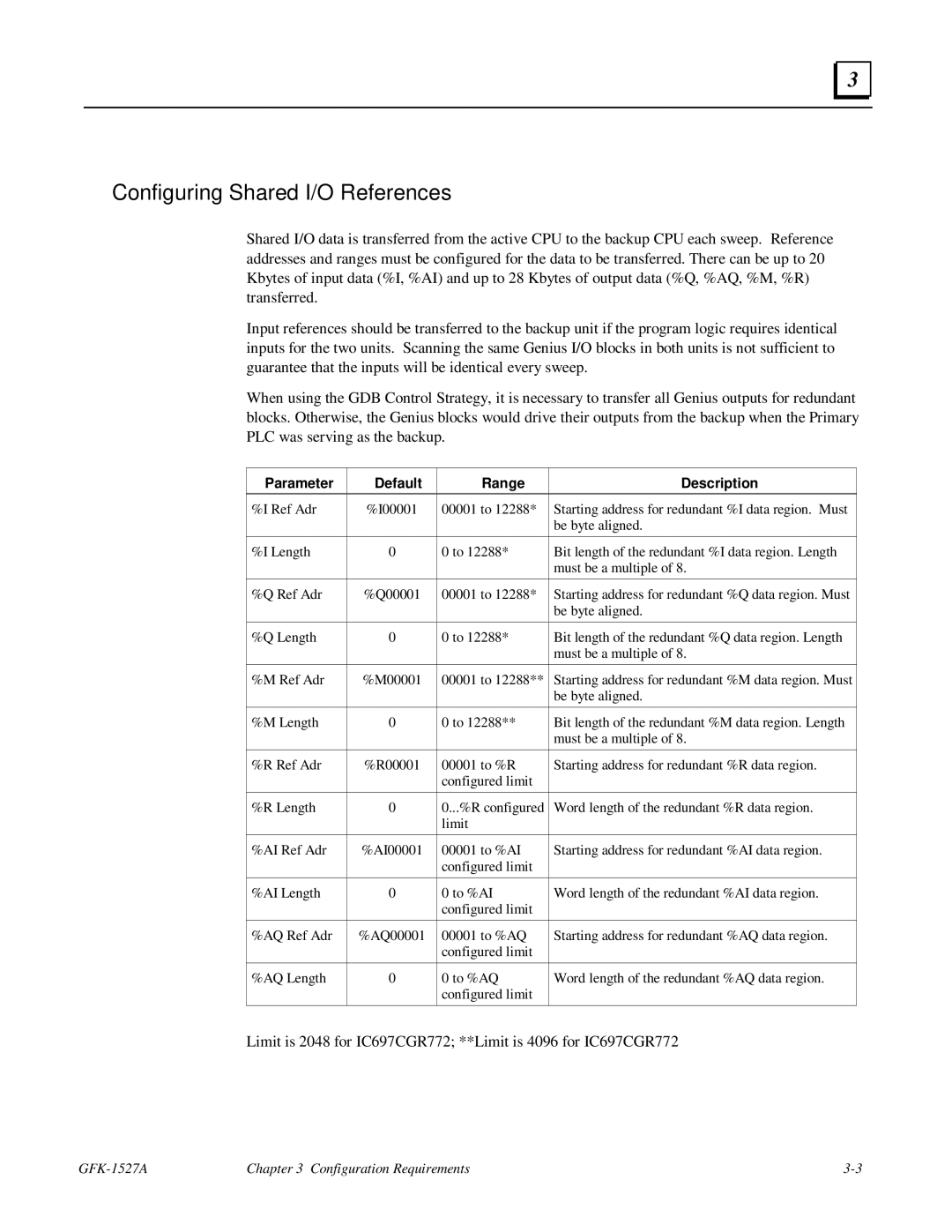 GE 90-70 manual Configuring Shared I/O References, Parameter Default Range Description 