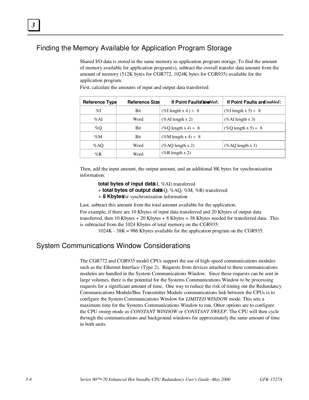 GE 90-70 manual Finding the Memory Available for Application Program Storage, System Communications Window Considerations 