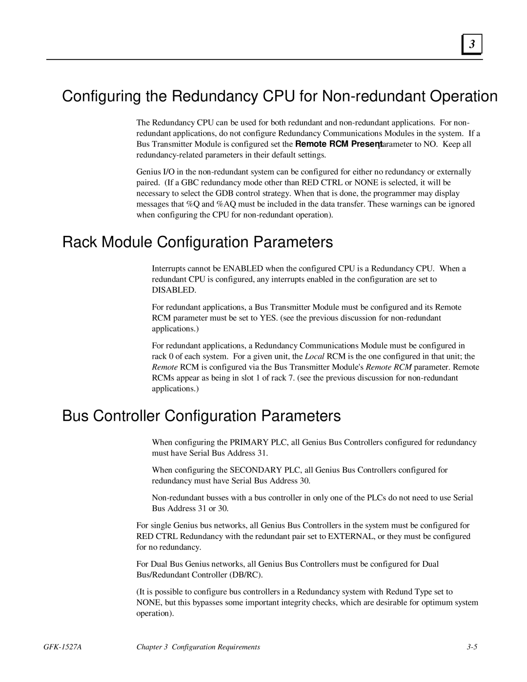 GE 90-70 manual Rack Module Configuration Parameters, Bus Controller Configuration Parameters 