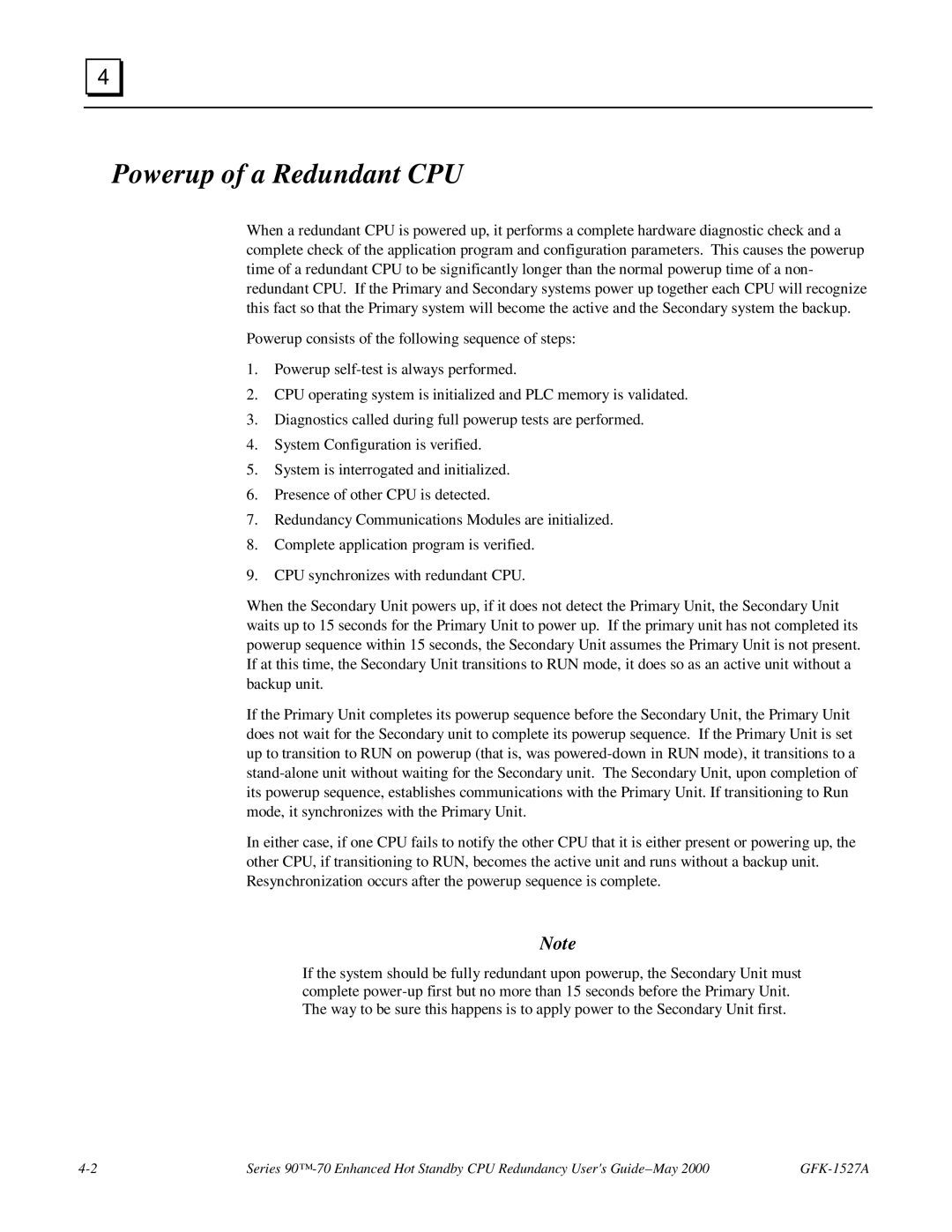 GE 90-70 manual Powerup of a Redundant CPU 