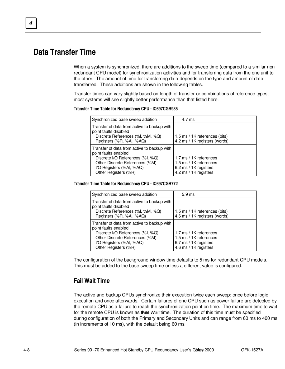 GE 90-70 manual Data Transfer Time, Fail Wait Time 