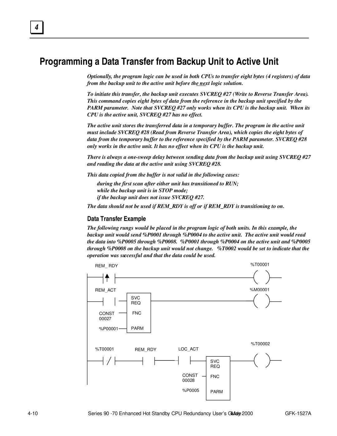 GE 90-70 manual Programming a Data Transfer from Backup Unit to Active Unit, Data Transfer Example 