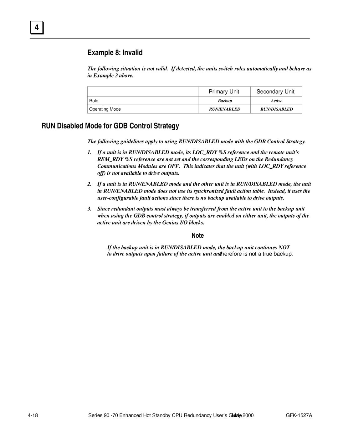 GE 90-70 manual Example 8 Invalid, RUN Disabled Mode for GDB Control Strategy 