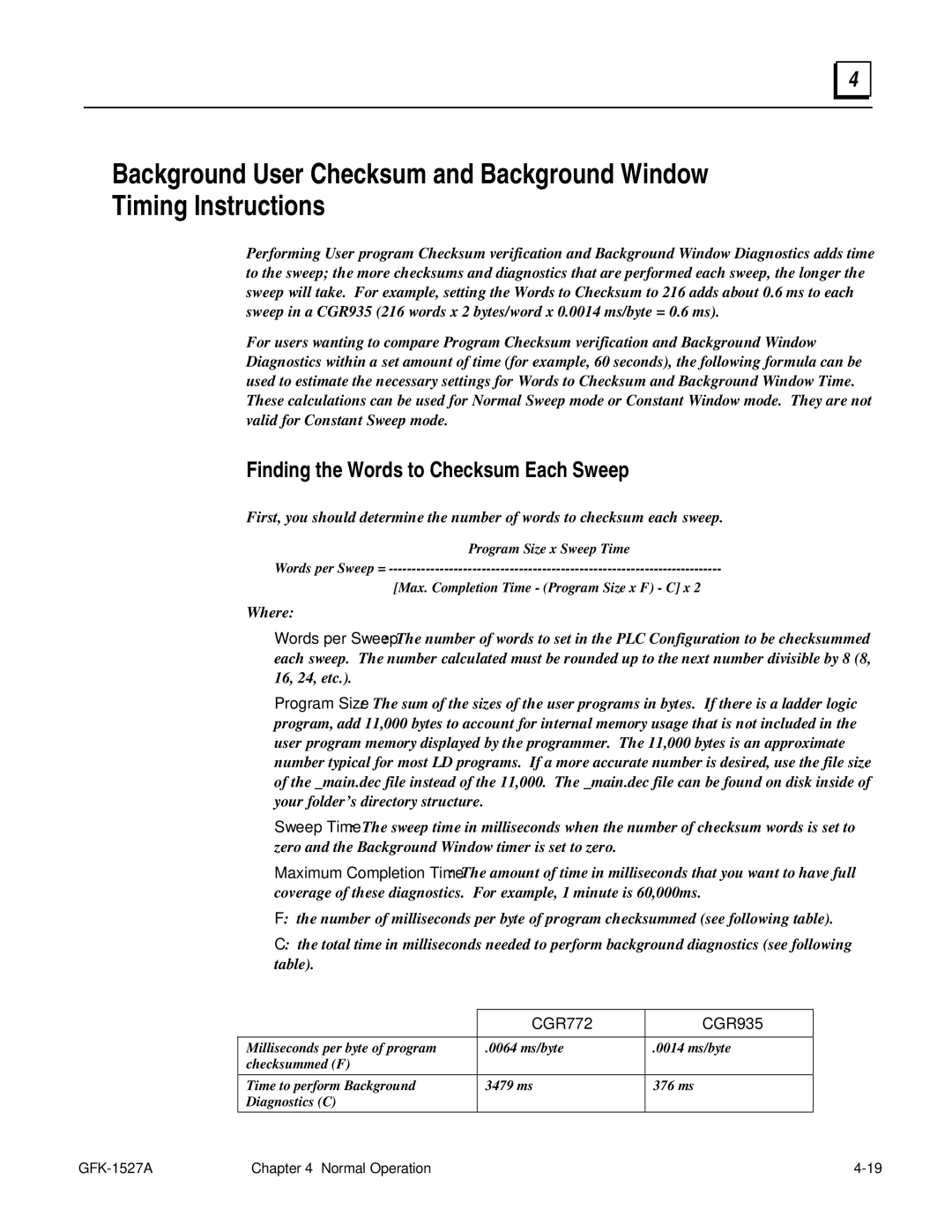 GE 90-70 manual Finding the Words to Checksum Each Sweep, CGR772 CGR935 