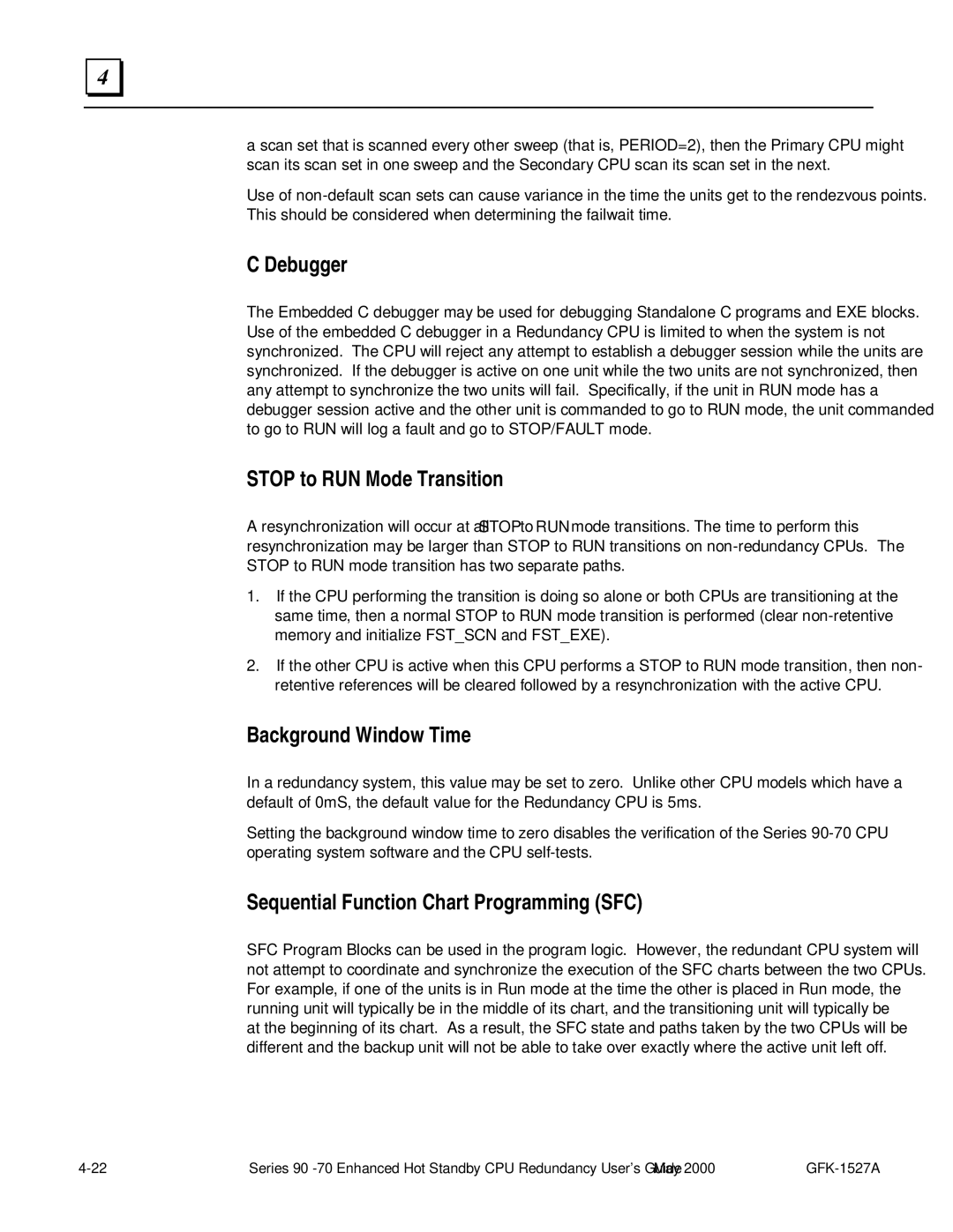 GE 90-70 manual Debugger, Stop to RUN Mode Transition, Background Window Time, Sequential Function Chart Programming SFC 