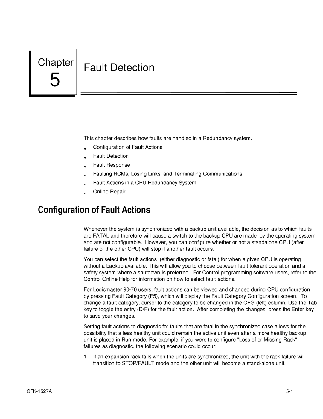 GE 90-70 manual Fault Detection, Configuration of Fault Actions 