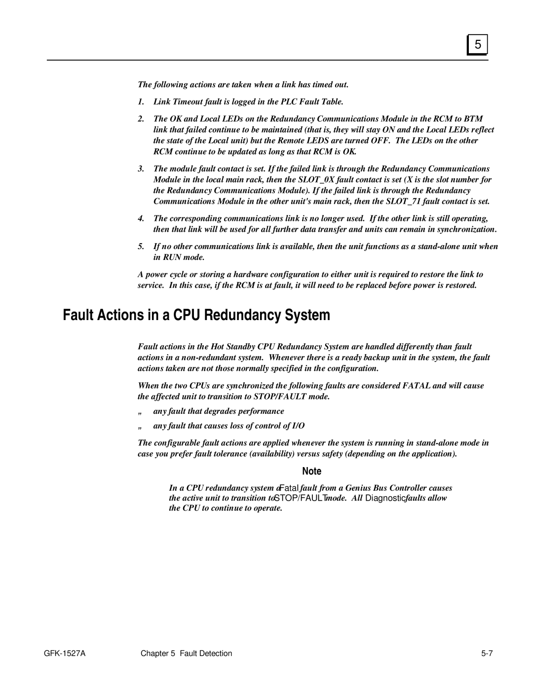 GE 90-70 manual Fault Actions in a CPU Redundancy System 