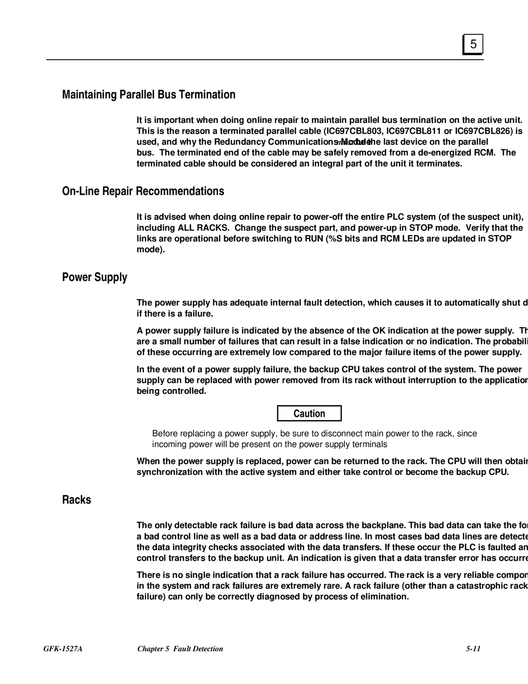 GE 90-70 manual Maintaining Parallel Bus Termination, On-Line Repair Recommendations, Power Supply, Racks 