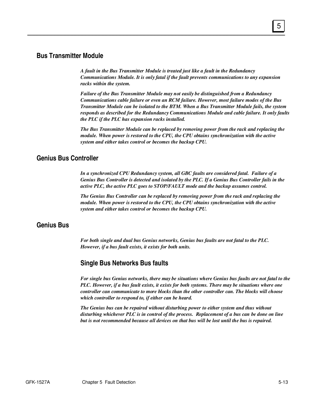 GE 90-70 manual Bus Transmitter Module, Genius Bus Controller, Single Bus Networks Bus faults 