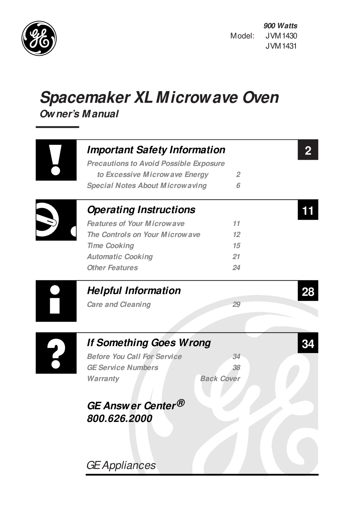 GE JVM1431, 900 Watts JVM1430 manual Spacemaker XL Microwave Oven 