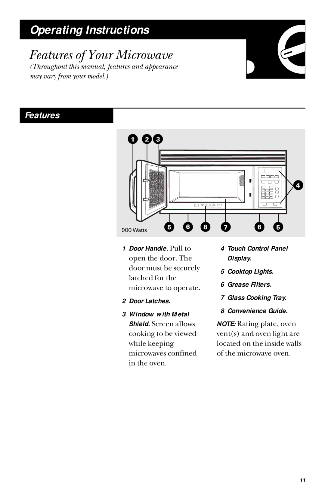 GE JVM1431, 900 Watts JVM1430 manual Operating Instructions, Features of Your Microwave 